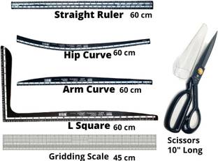 Upyukat Khyati Tailoring scales/ curves/ Fashion Designing Scale- Premium Quality Hard Plastic Scale- Set of 4 (60cm Long)- L Square Curve, Hip curve, Arm curve, Straight Ruler Along with1 pc of Tailoring Scissors 10" long fabric cutting scissor and 1 pc of Gridding Scale (45 cm) Sewing Kit