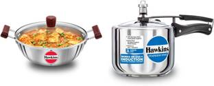 Hawkins Tri-Ply Deep Kadhai (Deep-Fry Pan) with Glass Lid, Capacity 4 Ltr, Diameter 28 cm, Thickness 3 mm, (SSK40G) & Stainless steel Pressure cooker Tall 3 Ltr ( HSS3T) Induction Bottom Cookware Set