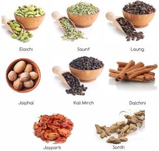 kotaliya Green Cardamom (Elachi) (20gm) , Funnel Seeds (saunf) (50) , Clove (Loung) (25) , Nutmeg (Jaiphal) (25) , Black Pepper (kali mirch) (40) , Cinnamon (Dal Chini) (40) , Javitri (20gm) , Dry Ginger (saunth) (30) ,(250gm)