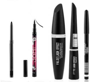Rsentera Smudge Proof HDA64 Makeup Beauty Kajal & Yanina High Quality Waterproof Liquid-Eye Liner 36H No Smudge Suitable For Contact Lens Users 3 g Deep Black & 3in1 Eyeliner , Mascara , Eyebrow Pencil (5 Items in the set)