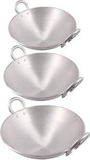 KITCHEN SHOPEE Aluminium Kadhai 3 Pes combo Cooking with Handle Kadai Kitchen deep Frying pan Kadhai 25 cm, 31 cm, 33 cm diameter 2.5 L, 4.5 L, 5.5 L capacity