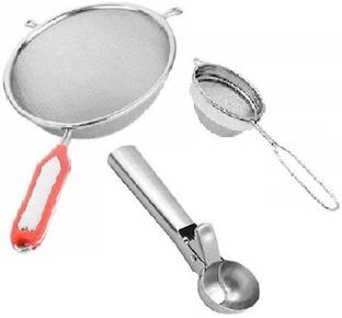 chapo Stainless Steel Tea Strainer with Double Net with Stainless Steel Soup, Juice, Milk & Tea Strainer for Kitchen and Stainless Steel Ice Cream Scoop Scooper Serving Spoon, Silver. Kitchen Tool Set