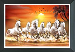 FRIZZY ARTS seven running white horse | seven horse vastu framed painting | seven horse Digital Reprint 14 inch x 20 inch Painting
