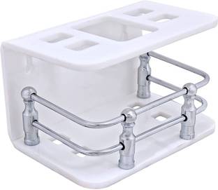 Jayenterprise Bathroom Toothpaste Stand with Toothbrush Holder Acrylic Toothpaste Holder Wall Mount Acrylic, Stainless Steel Toothbrush Holder Acrylic Toothbrush Holder (White, Wall Mount) Acrylic Toothbrush Holder
