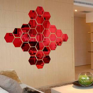 wall1ders 30 Hexagon With 10 Butterflies Red (Each Piece Size 10.5 cm x 12.1 cm) 3d Hexagon Mirror Wall Stickers, 3d Mirror Stickers, 3d Mirror Stickers For Wall Large Size, 3d Acrylic Stickers.