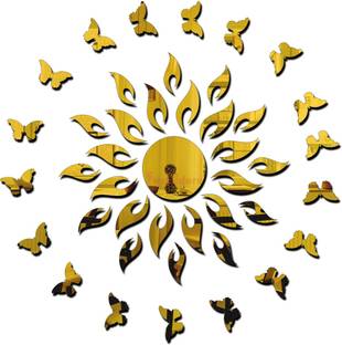wall1ders 70 cm Sun With 20 Butterfly Golden (Sun Size 45 cm x 45 cm) 3d Mirror Stickers, 3d Mirror Stickers For Wall Large Size, 3d Acrylic Mirror Wall Decor Sticker, 3d Acrylic Stickers. Self Adhesive Sticker