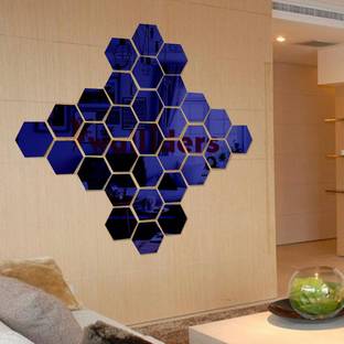 wall1ders 30 Hexagon With 10 Butterflies Blue (Each Piece Size 10.5 cm x 12.1 cm) 3d Hexagon Mirror Wall Stickers, 3d Mirror Stickers, 3d Mirror Stickers For Wall Large Size, 3d Acrylic Stickers.