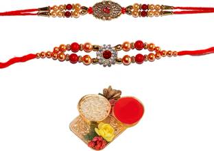 bandhan Designer RAKHI0363 Gold Finish, Kundan, Pearl, Mauli Thread Rakhi, Chawal Roli Pack  Set