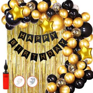 Hemito Solid 61pcs Birthday Banner Golden Foil Curtain Metallic Confetti Balloons With Hand Balloon Pumo And Glue Dot for Boys Girls Wife Adult Husband Mom Dad/Happy Birthday Decorations Items Set Balloon