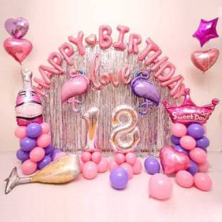 decokart 18th flamingo theme birthday combo-13 pc happy birthday foil balloon,1 pink bottle.1 glass,2 flamingo foil,4 heart foil,1 star foil.1 crown.18 no foil,2 curtain,4 letter love.32 balloon-pack of 60