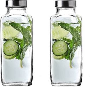 Upscale Square Glass Bottles with Airtight Metal Twist Lids, Clear Water Bottles 1000 ml Bottle