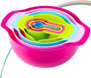 KolorFish Plastic Serving Bowl 10 Pcs Mixing Bowl Set - Colorful Kitchen Bowls Strainer Plastic Nesting Bowls - with Easy Pour Spout, Colorful, Measure Cups, and Spoons - for Baking, Cooking