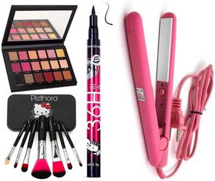 Plethora Rose Gold Edition Eyeshadow Palette 18 g & 36 Hours Eyeliner Mini Ceramic Electronic Hair Straightener 220V Crimper Flats Iron & Black Makeup Brushes Pack of 7 &