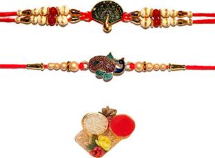 bandhan Designer RAKHI0408 Gold Finish, Kundan, Pearl, Mauli Thread Rakhi, Chawal Roli Pack  Set