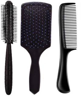 SANDIP [ Pack Of 3 ] Best Combo of Beuty Hair Brush For Blow Drying Roller Hair Brush (1) &Big Hair Paddle Rectangular Cushion Brush (1) & Dressing Hair Handle Comb(1)