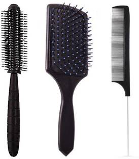 SANDIP pack of 3 hair brush-Rectangular Cushion Brush(1) & round Blow Drying Roller Hair Brush(1) & Black Carbon Rat tail , Sectioning comb with Steel Handle with Non-skid Paddle for hair styling (1)