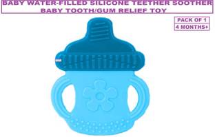 TINNY TOTS Premium Quality Baby Water Filled Teether Soother Food Nibbler/Feeder/Silicone Dental Care Teether Water Filled Print Teether/Soother Cum Rattle For Pain Relief BPA Free For Infants/Toddlers/New Borns(BOTTLE;4 Months+) Teether and Feeder