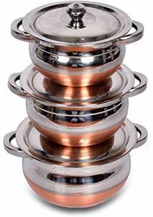 Sonanshi 3 Pieces Copper Bottom Biryani Handi Set with Handle and Lid Handi 0.75 L, 1.35 L, 2.45 L with Lid