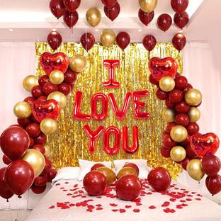 SHOPTIONS I Love You Decoration Combo Set Kit 47Pcs Heart Foil Balloon Red - Gold Metallic Balloon And Golden Foil Curtain For Anniveraary, Bride To Be, Birthday, Bachelorrete, Husband, Wife,Girl Friend