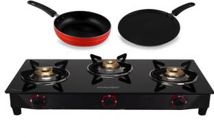 MACIZO Gas Stove Combo - Plus 3 Burner Gas Cooktop + Flat tawa 200 + Fry Pan 215 Glass Manual Gas Stove