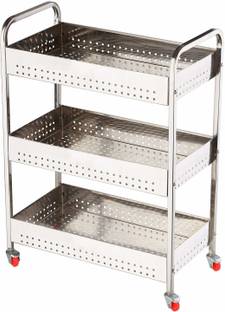 INGITAGNA Portable 3 Layer Steel Folding Perforated Trolley Modern Storage Rack Stainless Steel Kitchen Trolley