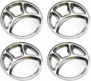 Super HK Stainless Steel Round Plate - 4 Partition Divided, Lunch, Dinner, Bhojan, Thali Plates Sectioned Plate