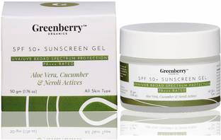 Greenberry Organics Sunscreen - SPF 50 PA+++ Aloe Vera Cucumber SPF 50+ Sunscreen Gel with UVA/UVB Protection, PA+++ For Men & Women, All Skin Types, 50 Gm