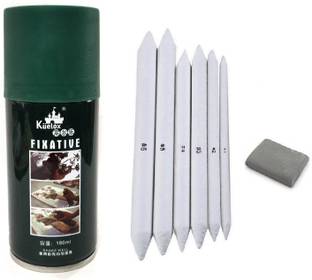 Definite White Paper Art Blending Stumps or Tortillon for Shading, Blending and Smudging (Pack of 6), One Kneadable Eraser for Charcoal and Pastel Pencils and Fixtative Spray Bottle for use on Pastel, Charcoal, Pencil and Chalk Drawings (180ml); Ideal Drawing Set for Students, Professionals, Artists