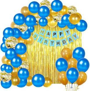 Hemito Blue Happy Birthday Decoration Kit Combo - 46pcs Birthday Bunting Golden Foil Curtain Metallic Confetti Balloons With Hand Balloon Pump And Glue Dot for Boys Adult Husband Grand Father Dad/Happy Birthday Decorations Items Set