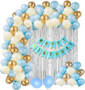 Hemito Happy Birthday Banner Blue 76pc Set with Blue Birthday Banner +60 Metallic Balloon + 2 Silver Fringe+ 1pc Ribbon for Birthday Party Decoration | Birthday Decoration Items For Boys, Adults