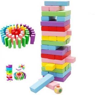 VRUX Wooden Jenga Game For Kids Big Colorful Wooden Blocks 54 Pcs Challenging Color Wooden Tumbling Tower, Wooden Zenga Toys with Dices Board Educational Puzzle Game for Adults and Kids Wooden 54 Colored Wooden Building Block Dominoes, Party Game, Jenga Game