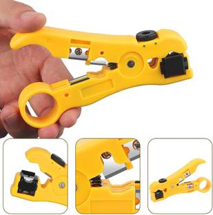 Ekavir - Universal Wire Cable Cutter Stripper Tool for Coax Cable RG59 RG6 RG7/RG11 Round Network Cable CAT5 CAT6 and Flat Telephone Cable Yellow Cordless Crimper