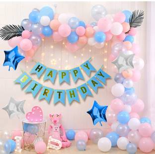 हेमिटो Happy Birthday Decoration Kit 80pc Combo with Birthday Banner Blue Color, Pink, Blue, White (60 Balloon) & 4pc Star Foil Balloon, 1pc Light, Ribbon, Balloon Arch for Birthday Decoration