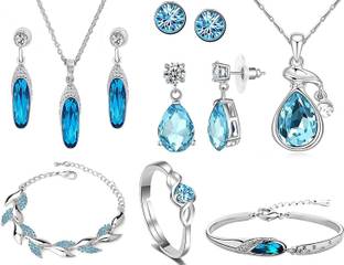 Om Jewells Rhodium Platted Blue Crystal Jewellery Set Alloy Stud Earring, Earring Set, Drops & Danglers
