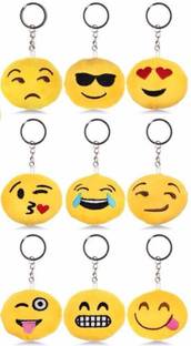 WHITE POPCORN Round Emoji Face Plush Soft Cushion Fluffy Smiley Keyrings & Keychains (Pack of 12) Key Chain
