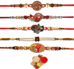 bandhan Designer RAKHI0478 Gold Finish, Mauli Thread, Kundan, Zardosi Rakhi, Chawal Roli Pack  Set