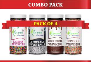 GO GRASS Combo of Rainbow + Chocolate Vermicelli & Rainbow + Silver Balls | 80 GRAM EACH Sprinkles