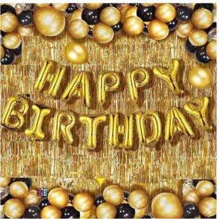 SQE Solid Happy Birthday Golden Foil Letter Balloons(13 foil latter 1 pack)With 30 Pic Black Gold Balloons And 2 Pcs Golden Metallic Fringe Shiny Curtains(Pack Of 45) Balloon