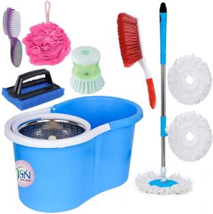 JSN Easy Magic Spin Floor Mop 360 Degree Bucket Mop with Steel Spinner 3 Refill Mop Combo Cleaning Brush, Cleaning Wipe, Mop Refill, Mop, Bucket, Mop Set