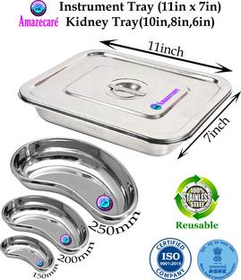 AMAZECARE Stainless Steel Medical Reusable Instrument Tray (11”inch x 7”inch) with lid & Set Of 3 Kidney Tray 250mm (10''in), 200mm (8”in), 150mm (6''in) Reusable Medical Tray