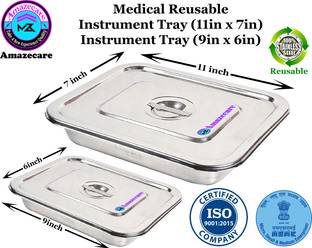 AMAZECARE Medical Reusable Instrument Tray Set Of 2 (11”inch x 7”inch) & (9”inch x 6”inch) with lid Made From Heavy Stainless Steel Reusable Medical Tray
