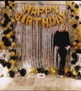 PAHUJA Gold, Black, Silver Solid Happy Birthday decoration (36 combo pak) Happy Birthday Golden foil banner balloons (13 foil latter 1 pak) / 2 Pcs silver Metallic Fringe Shiny Curtains /21 Pcs latex Metallic balloons for decoration.(pak of 36) Letter Balloon (Multicolor, Pack of 36)