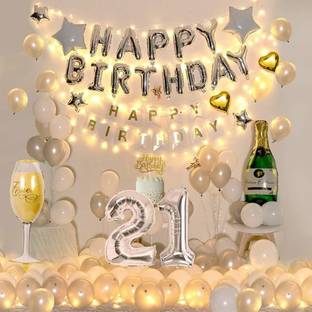 decokart Happy Birthday Decoration Kit Combo with Fairy Light, Banner, Balloons, Number Foil, Cheer Glass, Cake Topper 52pcs for 21st Birthday Party Decoration Girl, Boys, Husband