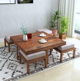 House Of Kuber Solid Sheesham Wood Contemporary Coffee Table With 4 Stools Solid Wood Coffee Table
