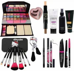 Dikyube 7pcs makeup brush set with Tya makeup kit 3D contour strick, primer, fixer, high quality foundation, kajal, waterproof 36H Sketch eyeliner and 3in1 combo set eyelashes curler and eyelashes with glue ( pack of 19 item )