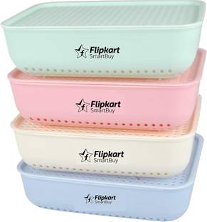 Flipkart SmartBuy Plastic Combo Of 4 Small Size Attractive Color Basket with Lid Plastic Box Organiser for Home Kitchen Storage Basket Storage Basket