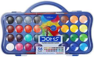 DOMS Non-Toxic 30mm Water Colour Cake Set with 2 Paint Brushes (36 Shades x 1 Set)