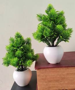 BK Mart Set of 2 Green Table Flower top Bonsai for home shop office decoration gift Bonsai Wild Artificial Plant  with Pot