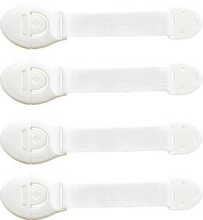The Little Lookers Safety Lock with Push Button and Nylon Strap for Doors, Cabinets, Fridge, Drawers, Dustbin | Safety Accessories for Babies/Kids/Children/Infants/Toddlers (White, Pack of 4)