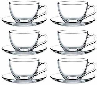 DIKUJI ENTERPRISE Pack of 6 Glass Superb Crystal Clear Roma Solid Glass Tea Cup with Saucer, Tea Mugs with Handle, 180 ml, Hot or Cold Drinks (Clear) - Pack of 6